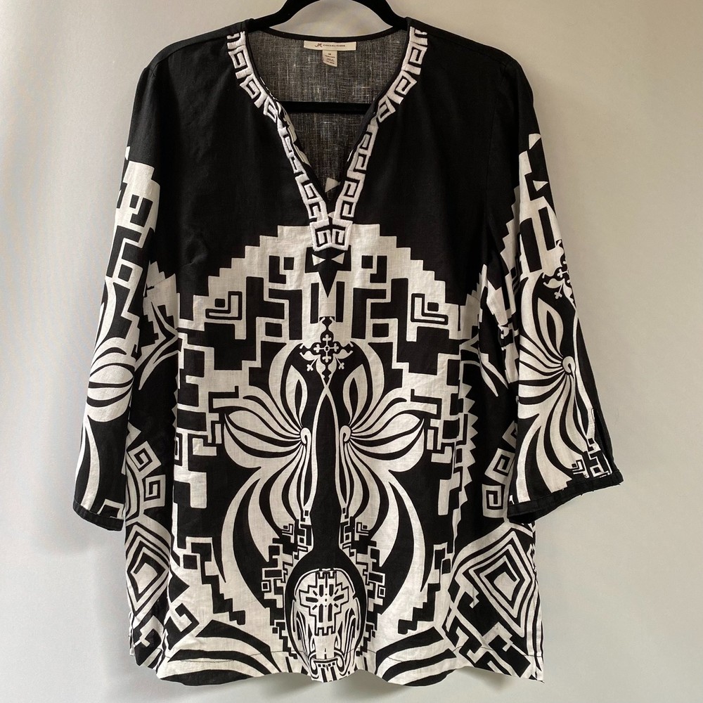 JM COLLECTION Black and White 100% LinenTunic Ebroidered V-Neck Details Size 14